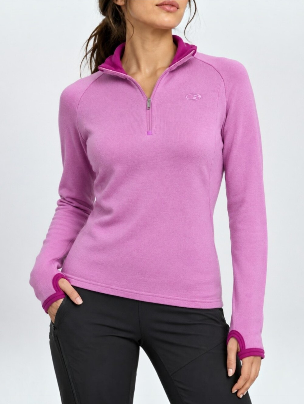 Icebreaker Sport 320 100% Merino Wool 1/4 Zip Thumbholes XS Pink Thermal Ski Top